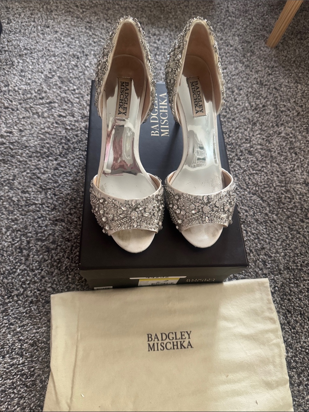 Badgley Mischka Silver Crystal Embellished Open-Toe Pumps